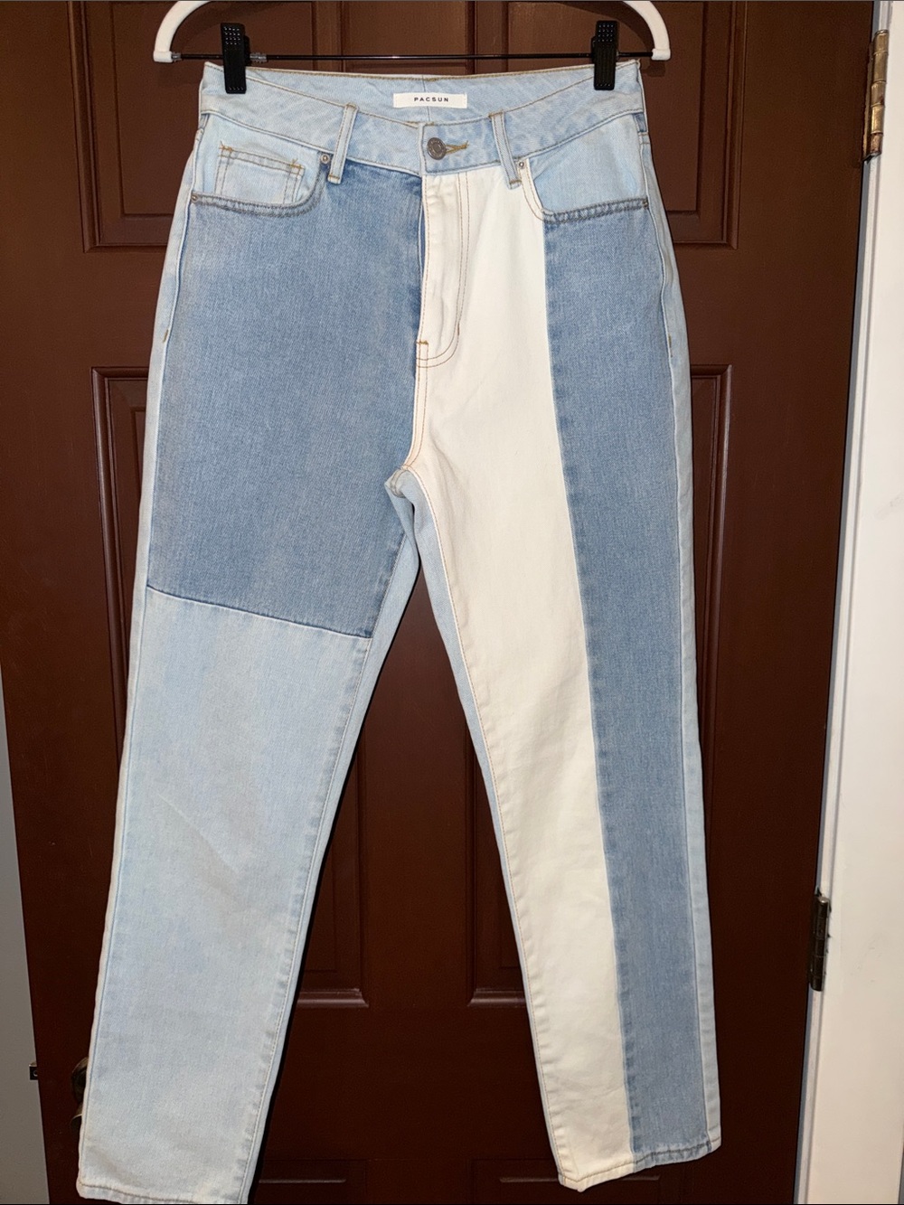 PacSun Men’s Two-Tone Patchwork Slim Straight Jeans - Light Blue & White